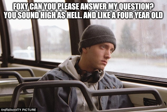 Depressed Eminem | FOXY CAN YOU PLEASE ANSWER MY QUESTION? YOU SOUND HIGH AS HELL. AND LIKE A FOUR YEAR OLD | image tagged in depressed eminem | made w/ Imgflip meme maker