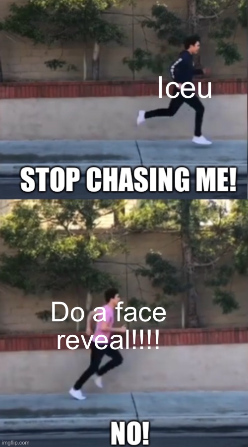 #1,381 | Iceu; Do a face reveal!!!! | image tagged in stop chasing me,iceu,face reveal,annoying,stop,no i don't think i will | made w/ Imgflip meme maker