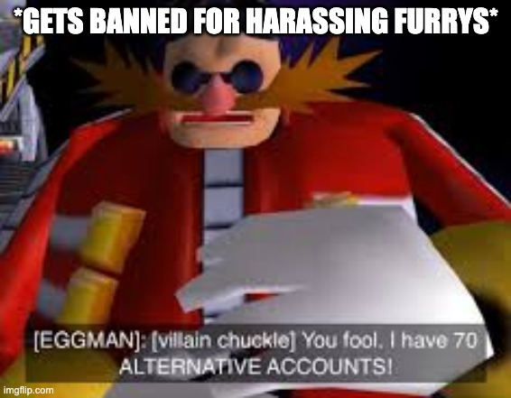 :))))) | *GETS BANNED FOR HARASSING FURRYS* | image tagged in eggman alternative accounts | made w/ Imgflip meme maker