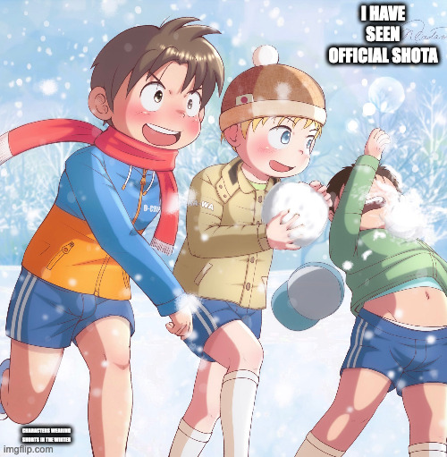 Wearing Shorts in the Winter | I HAVE SEEN OFFICIAL SHOTA; CHARACTERS WEARING SHORTS IN THE WINTER | image tagged in artwork,shorts,winter,memes | made w/ Imgflip meme maker