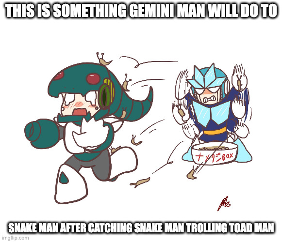 Gemini Man Throwing Slugs at Snake Man | THIS IS SOMETHING GEMINI MAN WILL DO TO; SNAKE MAN AFTER CATCHING SNAKE MAN TROLLING TOAD MAN | image tagged in geminiman,snakeman,megaman,memes | made w/ Imgflip meme maker