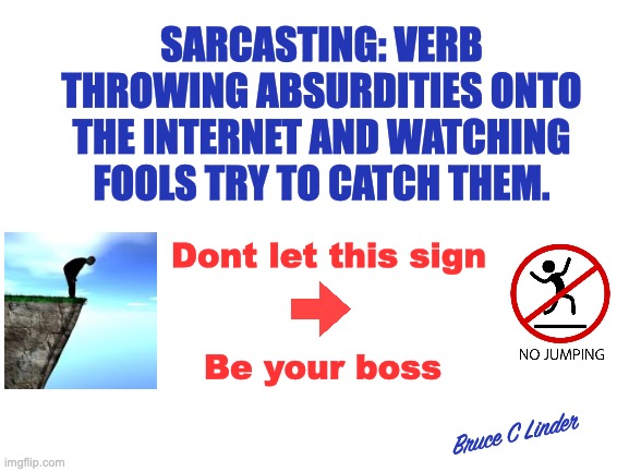 Sarcasting | SARCASTING: VERB
THROWING ABSURDITIES ONTO
THE INTERNET AND WATCHING
FOOLS TRY TO CATCH THEM. Dont let this sign; Be your boss; Bruce C Linder | image tagged in sarcasm,no jumping,jump,be your own boss | made w/ Imgflip meme maker