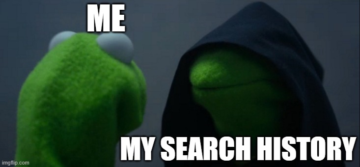 Evil Kermit | ME; MY SEARCH HISTORY | image tagged in memes,evil kermit | made w/ Imgflip meme maker