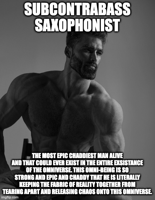 Giga Chad | SUBCONTRABASS SAXOPHONIST THE MOST EPIC CHADDIEST MAN ALIVE AND THAT COULD EVER EXIST IN THE ENTIRE EXSISTANCE OF THE OMNIVERSE. THIS OMNI-B | image tagged in giga chad | made w/ Imgflip meme maker