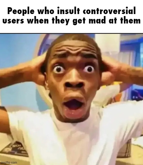 shitty meme | People who insult controversial users when they get mad at them | image tagged in surprised black guy | made w/ Imgflip meme maker