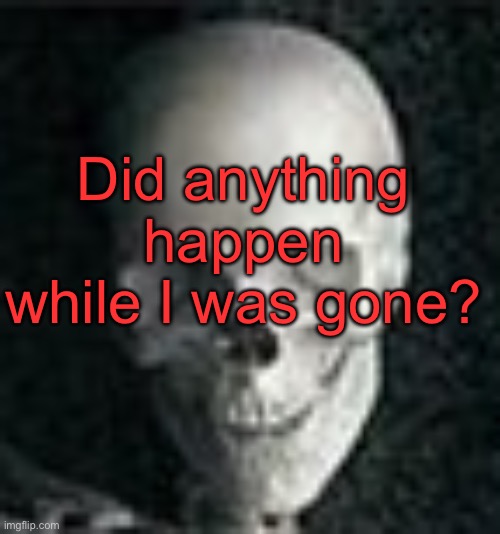 . | Did anything happen while I was gone? | image tagged in skull | made w/ Imgflip meme maker