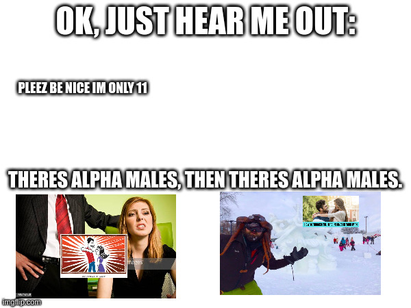OK, JUST HEAR ME OUT:; PLEEZ BE NICE IM ONLY 11; THERES ALPHA MALES, THEN THERES ALPHA MALES. | image tagged in then theres this,alpha males,relatable,stock images,dusty thune | made w/ Imgflip meme maker