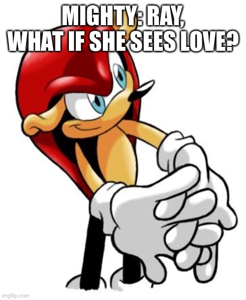 What if….. | MIGHTY: RAY, WHAT IF SHE SEES LOVE? | image tagged in ready to fight mighty | made w/ Imgflip meme maker