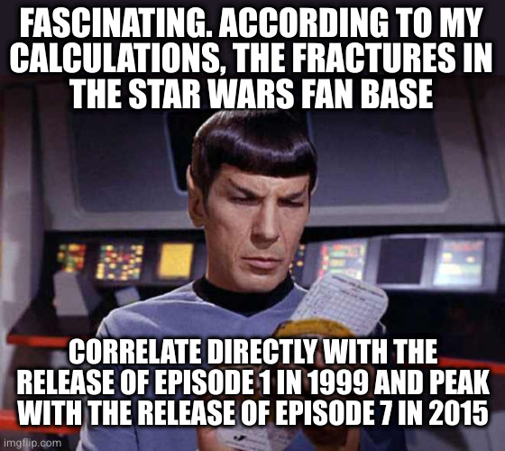 No such schism exists within Star Trek fandom | FASCINATING. ACCORDING TO MY
CALCULATIONS, THE FRACTURES IN
THE STAR WARS FAN BASE; CORRELATE DIRECTLY WITH THE RELEASE OF EPISODE 1 IN 1999 AND PEAK WITH THE RELEASE OF EPISODE 7 IN 2015 | image tagged in spock calculating | made w/ Imgflip meme maker