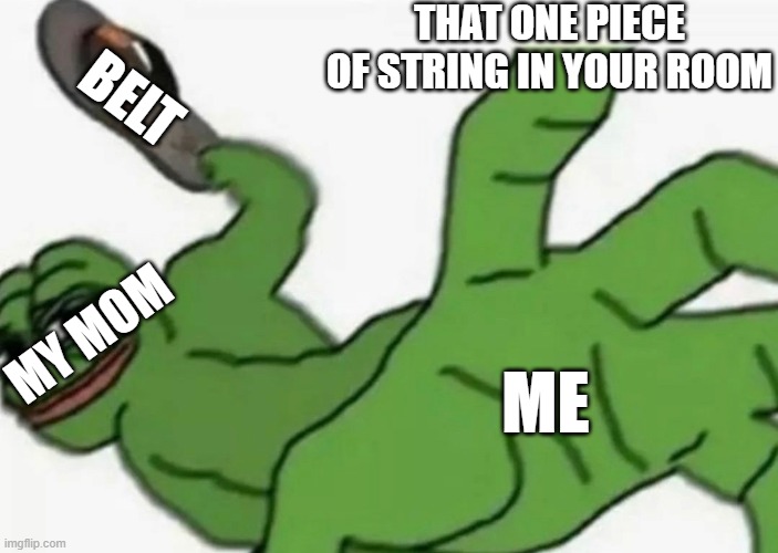 Frog slap | THAT ONE PIECE OF STRING IN YOUR ROOM; BELT; MY MOM; ME | image tagged in frog slap | made w/ Imgflip meme maker