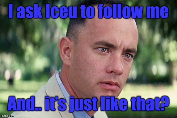 And Just Like That Meme | I ask Iceu to follow me; And.. it’s just like that? | image tagged in memes,and just like that | made w/ Imgflip meme maker