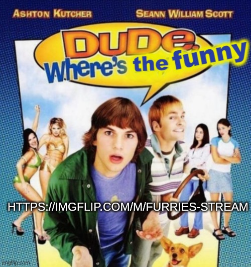 dude where's the funny | HTTPS://IMGFLIP.COM/M/FURRIES-STREAM | image tagged in dude where's the funny | made w/ Imgflip meme maker