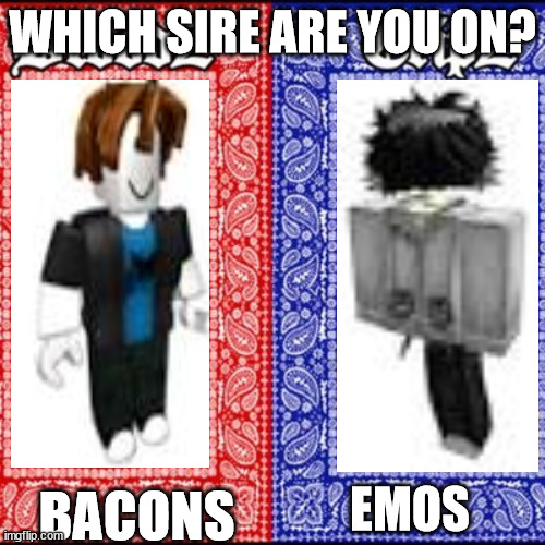 roblox teams | WHICH SIRE ARE YOU ON? BACONS; EMOS | image tagged in gang war meme,roblox noob,roblox emo | made w/ Imgflip meme maker