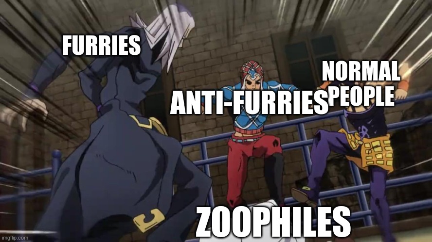 EVERYONE SHOW THEM THEY BELONG IN ZEE DUMPSTER | NORMAL PEOPLE; FURRIES; ANTI-FURRIES; ZOOPHILES | image tagged in jojo gang beating up,furry,anti furry,normal | made w/ Imgflip meme maker