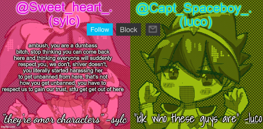 luco and sylc | ambush, you are a dumbass bitch, stop thinking you can come back here and thinking everyone will suddenly respect you, we don't, shiver doesn't, you literally started harassing her to get unbanned from here, that's not how you get unbanned, you have to respect us to gain our trust, stfu get get out of here | image tagged in luco and sylc | made w/ Imgflip meme maker