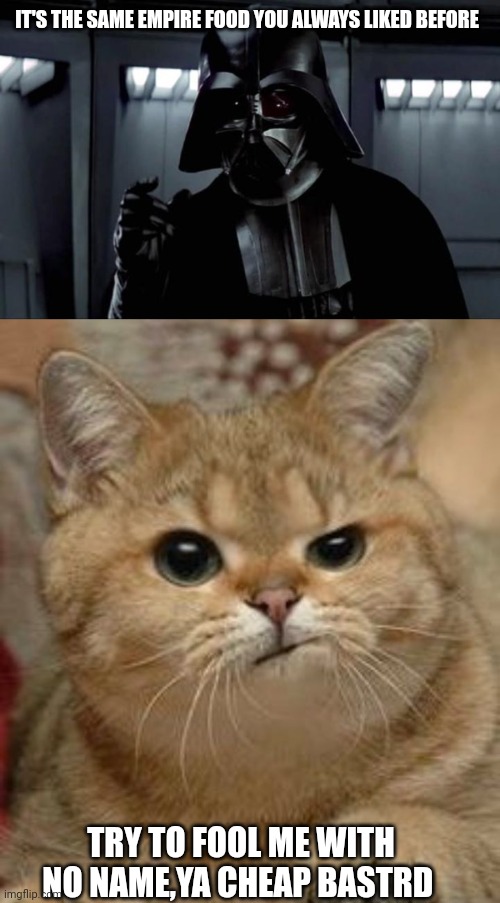 IT'S THE SAME EMPIRE FOOD YOU ALWAYS LIKED BEFORE; TRY TO FOOL ME WITH NO NAME,YA CHEAP BASTRD | image tagged in darth vader,suspicious cat | made w/ Imgflip meme maker