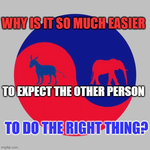 To each, his own spittle tastes sweet! | WHY IS IT SO MUCH EASIER; TO EXPECT THE OTHER PERSON; TO DO THE RIGHT THING? | image tagged in american yin yang | made w/ Imgflip meme maker