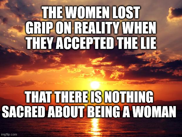 Sunset | THE WOMEN LOST GRIP ON REALITY WHEN THEY ACCEPTED THE LIE; THAT THERE IS NOTHING SACRED ABOUT BEING A WOMAN | image tagged in sunset | made w/ Imgflip meme maker