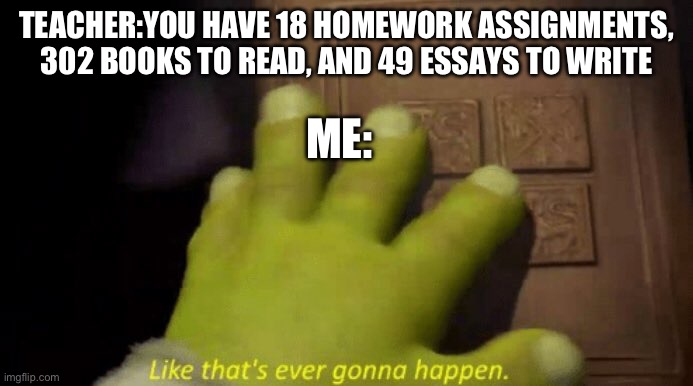 Like that's ever gonna happen. | TEACHER:YOU HAVE 18 HOMEWORK ASSIGNMENTS, 302 BOOKS TO READ, AND 49 ESSAYS TO WRITE; ME: | image tagged in like that's ever gonna happen | made w/ Imgflip meme maker