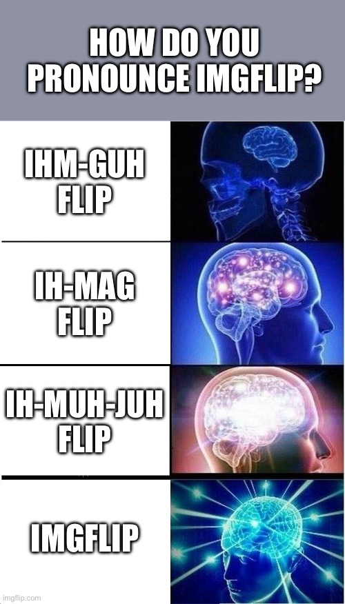 *thinks about this way to much* | HOW DO YOU PRONOUNCE IMGFLIP? IHM-GUH FLIP; IH-MAG FLIP; IH-MUH-JUH FLIP; IMGFLIP | image tagged in memes,expanding brain,imgflip | made w/ Imgflip meme maker