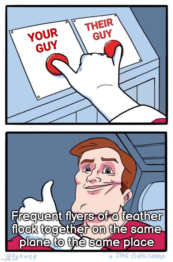 why not both? | YOUR  GUY THEIR  GUY Frequent flyers of a feather
flock together on the same
plane to the same place | image tagged in why not both | made w/ Imgflip meme maker