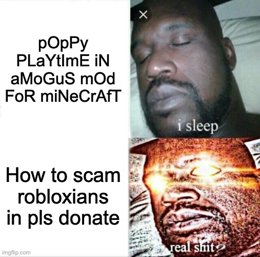 some kid made this and demanded me to publish it | pOpPy PLaYtImE iN aMoGuS mOd FoR miNeCrAfT; How to scam robloxians in pls donate | image tagged in memes,sleeping shaq | made w/ Imgflip meme maker