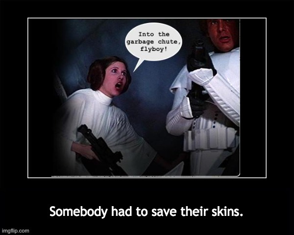 somebody had to save their skins | Somebody had to save their skins. | image tagged in star wars,princess leia,han solo | made w/ Imgflip meme maker