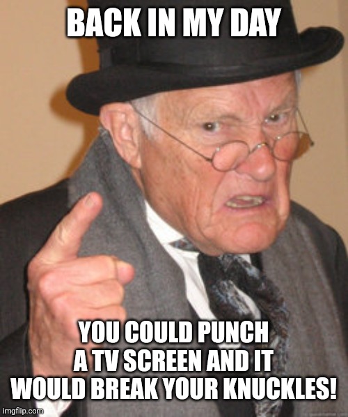 Back In My Day Meme | BACK IN MY DAY YOU COULD PUNCH A TV SCREEN AND IT WOULD BREAK YOUR KNUCKLES! | image tagged in memes,back in my day | made w/ Imgflip meme maker
