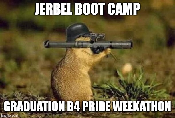 Boot camp | JERBEL BOOT CAMP; GRADUATION B4 PRIDE WEEKATHON | image tagged in gun gerbil | made w/ Imgflip meme maker