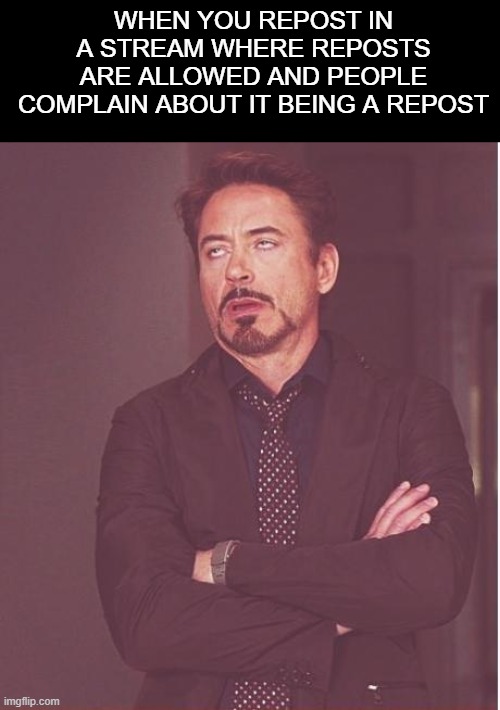 really annoying | WHEN YOU REPOST IN A STREAM WHERE REPOSTS ARE ALLOWED AND PEOPLE COMPLAIN ABOUT IT BEING A REPOST | image tagged in memes,face you make robert downey jr,repost,unfunny | made w/ Imgflip meme maker