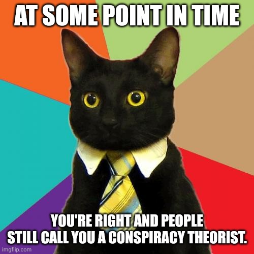 Business Cat | AT SOME POINT IN TIME; YOU'RE RIGHT AND PEOPLE STILL CALL YOU A CONSPIRACY THEORIST. | image tagged in memes,business cat | made w/ Imgflip meme maker