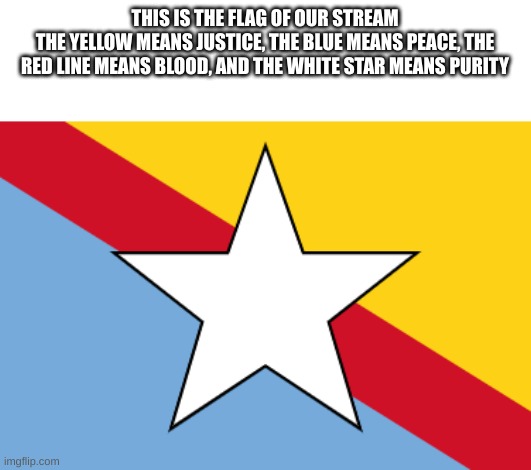 Also Our motto is "Hope Leads to Perseverance." | THIS IS THE FLAG OF OUR STREAM
THE YELLOW MEANS JUSTICE, THE BLUE MEANS PEACE, THE RED LINE MEANS BLOOD, AND THE WHITE STAR MEANS PURITY | image tagged in you have been eternally cursed for reading the tags,flag | made w/ Imgflip meme maker