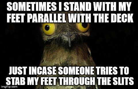 Weird Stuff I Do Potoo Meme | SOMETIMES I STAND WITH MY FEET PARALLEL WITH THE DECK JUST INCASE SOMEONE TRIES TO STAB MY FEET THROUGH THE SLITS | image tagged in memes,weird stuff i do potoo,AdviceAnimals | made w/ Imgflip meme maker