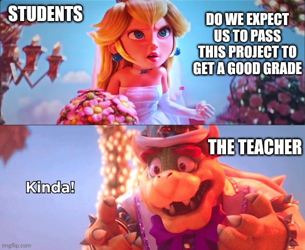 Kinda! | STUDENTS; DO WE EXPECT US TO PASS THIS PROJECT TO GET A GOOD GRADE; THE TEACHER | image tagged in kinda,memes,school,teacher | made w/ Imgflip meme maker