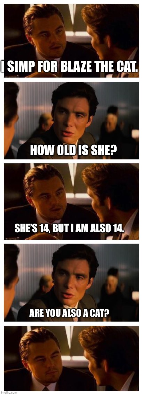 Specific user I’m taking shots at for fun lore | I SIMP FOR BLAZE THE CAT. HOW OLD IS SHE? SHE’S 14, BUT I AM ALSO 14. ARE YOU ALSO A CAT? | image tagged in leonardo inception extended | made w/ Imgflip meme maker