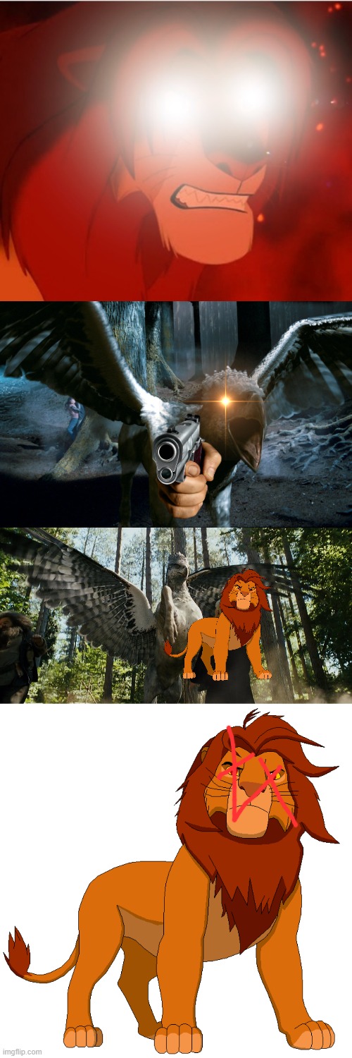 image tagged in angry simba,buckbeak charging,buckbeak attacking draco malfoy,simba adult | made w/ Imgflip meme maker