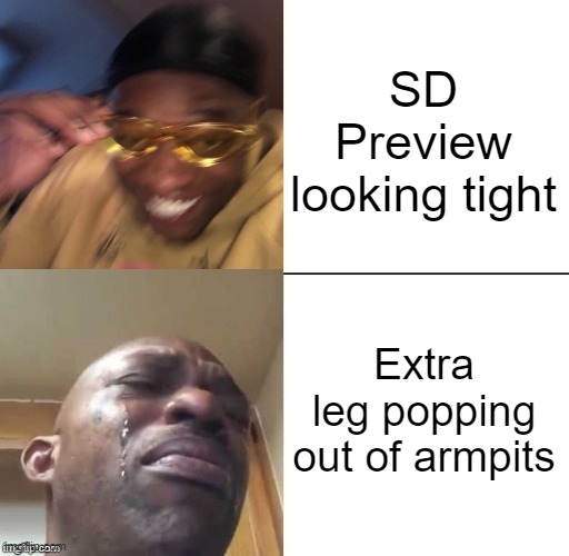 wearing sunglasses crying | SD Preview looking tight; Extra leg popping out of armpits | image tagged in wearing sunglasses crying,StableDiffusion | made w/ Imgflip meme maker