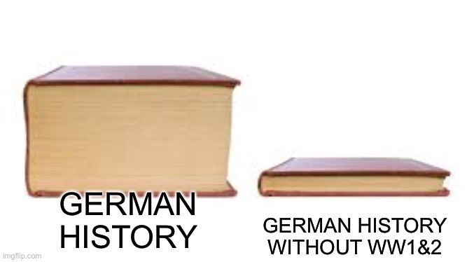 haha | GERMAN HISTORY; GERMAN HISTORY WITHOUT WW1&2 | image tagged in big book small book | made w/ Imgflip meme maker