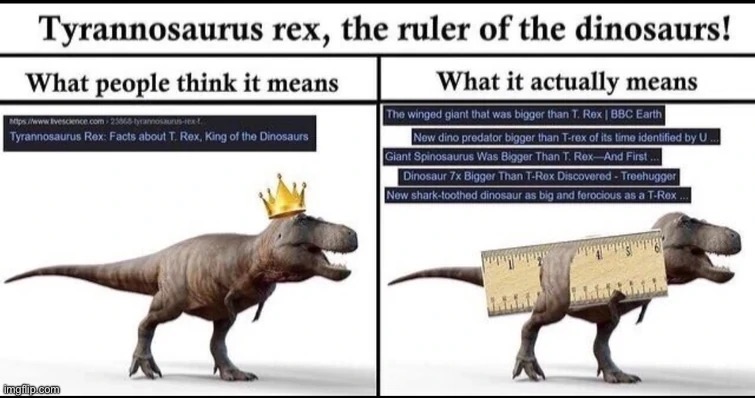 He’s the ruler in 2 ways now | image tagged in t-rex,dinosaur,ruler | made w/ Imgflip meme maker