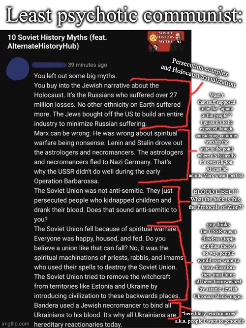 one of the craziest tankies I’ve seen yet | Least psychotic communist:; Persecution complex and Holocaust trivialization; Wasn’t that stuff supposed to be the “opiate of the people”?
I guess it’s to be expected though, considering commies worship the state to the point where it’s basically it’s own religion. At least he admits Marx wasn’t perfect. BLOOD LIBEL!!!
What the heck is this, the Protocols of Zion?! guy thinks the USSR was a flawless utopia and thus there’s no way people would ever want to leave, therefore they must have all been brainwashed by satanic Jewish Ukronazi black magic. “hereditary reactionaries”
a.k.a. people I want to genocide | image tagged in blank white template | made w/ Imgflip meme maker