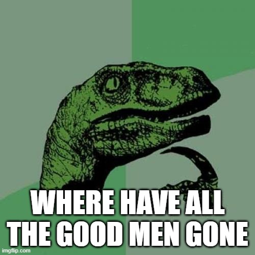 Philosoraptor | WHERE HAVE ALL THE GOOD MEN GONE | image tagged in memes,philosoraptor | made w/ Imgflip meme maker