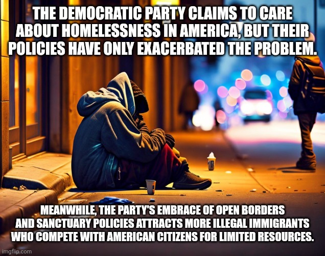 THE DEMOCRATIC PARTY CLAIMS TO CARE ABOUT HOMELESSNESS IN AMERICA, BUT THEIR POLICIES HAVE ONLY EXACERBATED THE PROBLEM. MEANWHILE, THE PARTY'S EMBRACE OF OPEN BORDERS AND SANCTUARY POLICIES ATTRACTS MORE ILLEGAL IMMIGRANTS WHO COMPETE WITH AMERICAN CITIZENS FOR LIMITED RESOURCES. | made w/ Imgflip meme maker