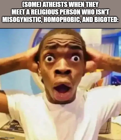 Surprised Black Guy | (SOME) ATHEISTS WHEN THEY MEET A RELIGIOUS PERSON WHO ISN'T MISOGYNISTIC, HOMOPHOBIC, AND BIGOTED: | image tagged in surprised black guy | made w/ Imgflip meme maker