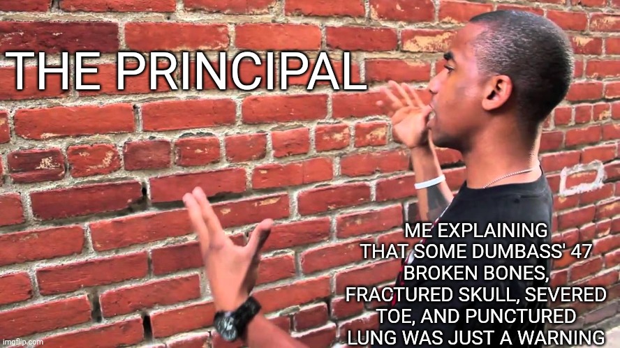 ? | THE PRINCIPAL; ME EXPLAINING THAT SOME DUMBASS' 47 BROKEN BONES, FRACTURED SKULL, SEVERED TOE, AND PUNCTURED LUNG WAS JUST A WARNING | image tagged in talking to wall | made w/ Imgflip meme maker