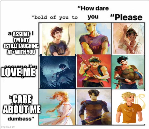 The Clarisse one is so true though | ASSUME I’M NOT (STILL) LAUGHING AT+WITH YOU; LOVE ME; CARE ABOUT ME | image tagged in bold of you to assume chart,percy jackson | made w/ Imgflip meme maker