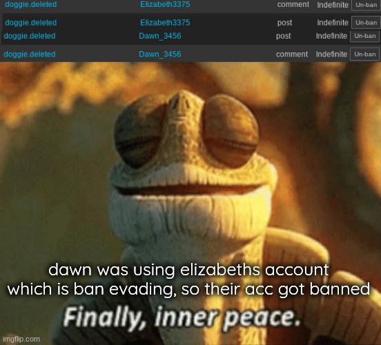 dawn was using elizabeths account which is ban evading, so their acc got banned | image tagged in finally inner peace | made w/ Imgflip meme maker