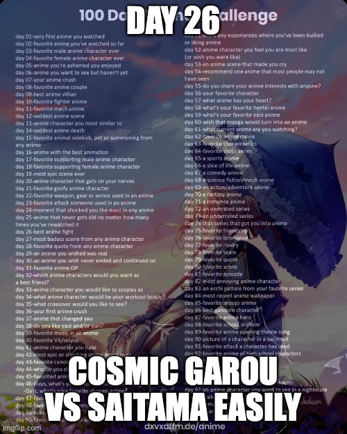 we all know who won that fight | DAY 26; COSMIC GAROU VS SAITAMA EASILY | image tagged in 100 day anime challenge | made w/ Imgflip meme maker