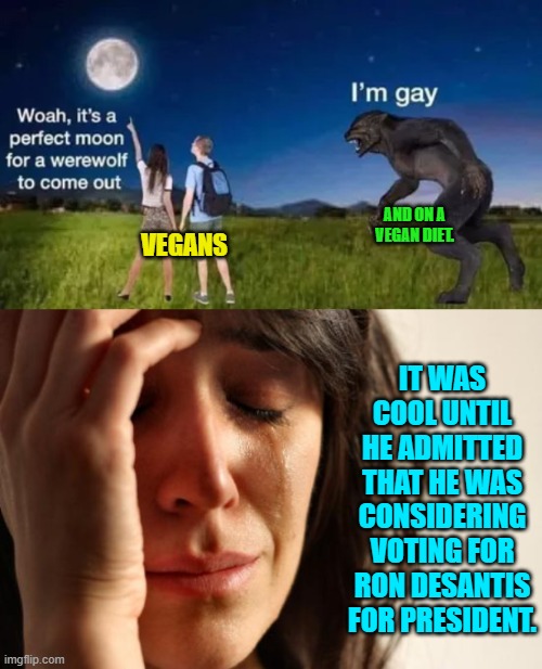 First World Problems. | AND ON A VEGAN DIET. VEGANS; IT WAS COOL UNTIL HE ADMITTED THAT HE WAS CONSIDERING VOTING FOR RON DESANTIS FOR PRESIDENT. | image tagged in problems | made w/ Imgflip meme maker
