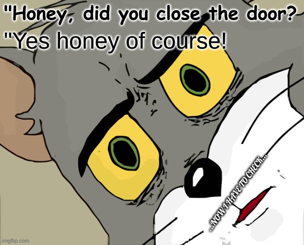 Unsettled Tom Meme | "Honey, did you close the door? "Yes honey of course! ...NOW I HAVE TO CHECK... | image tagged in memes,unsettled tom | made w/ Imgflip meme maker