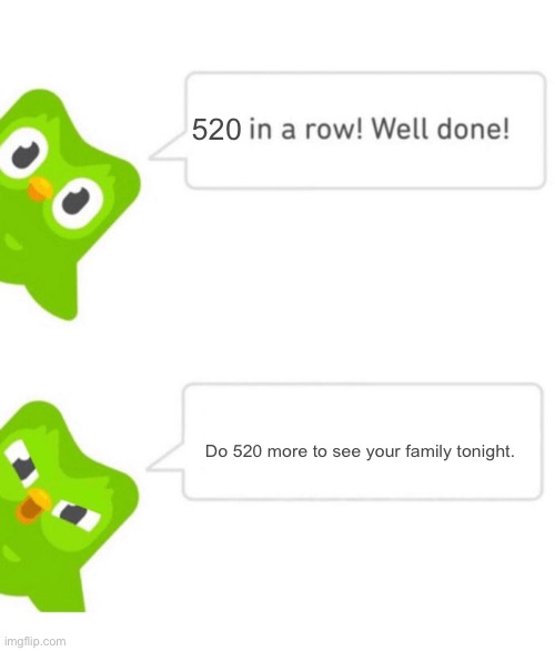 Duolingo 5 in a row | 520 Do 520 more to see your family tonight. | image tagged in duolingo 5 in a row | made w/ Imgflip meme maker
